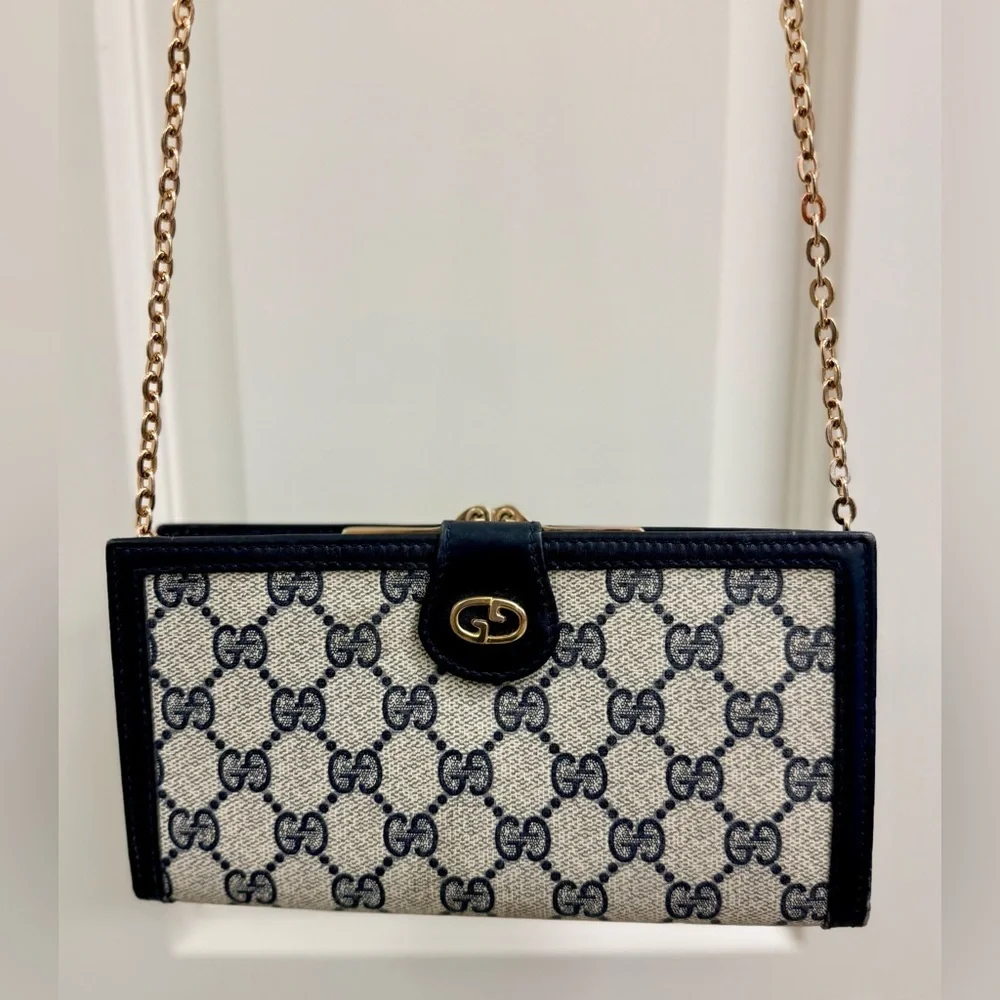 GUCCI Vintage 80’s Rare Navy GG Supreme Monogram Canvas Clutch W/ Crossbody